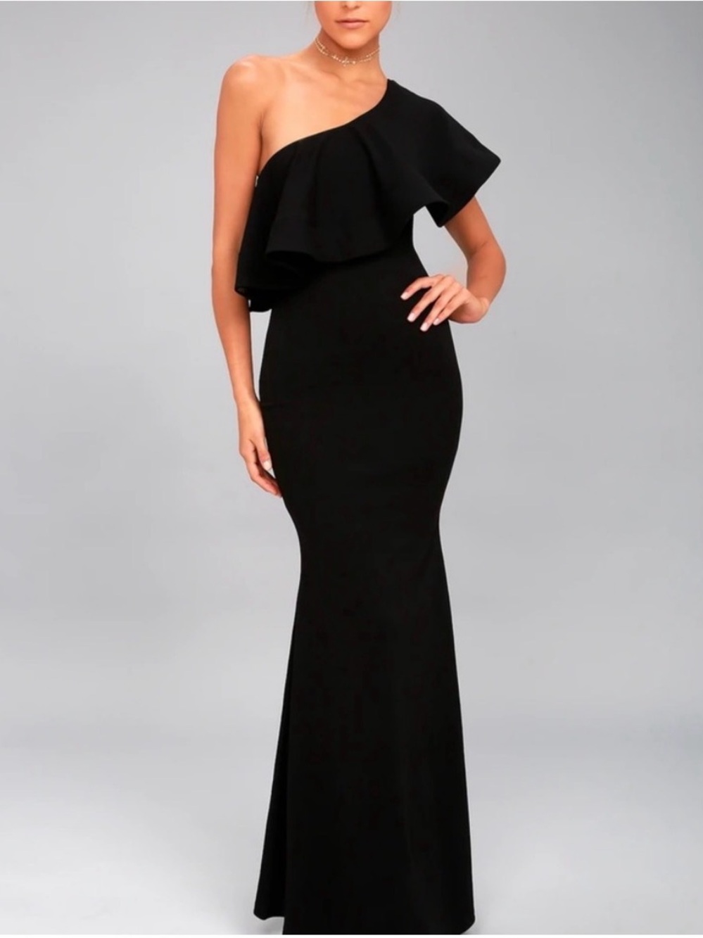 One-Shoulder Black Ruffle Evening Gown